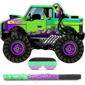 Threan Monster Truck Party Decorations Green and Purple Monster Truck Piata Racing Car Piata Game with Stick Blindfold for Adults Cool Birthday Party Decor Supplies