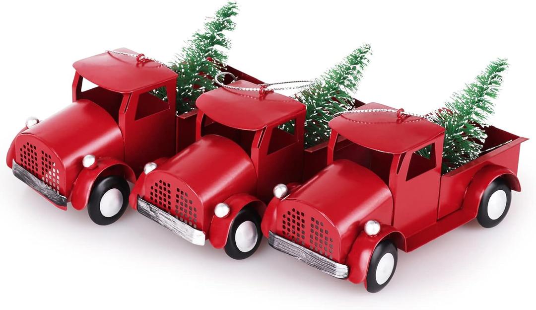 Hxezoc 3 Pack Christmas Vintage Red Truck with Mini Christmas Trees Ornament 4.7" Handcrafted Red Metal Truck Vehicle Car Model for Christmas Decoration