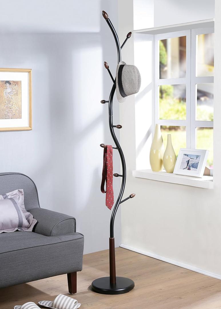 Roundhill Furniture Arles Metal Black and Walnut Standing Coat Rack