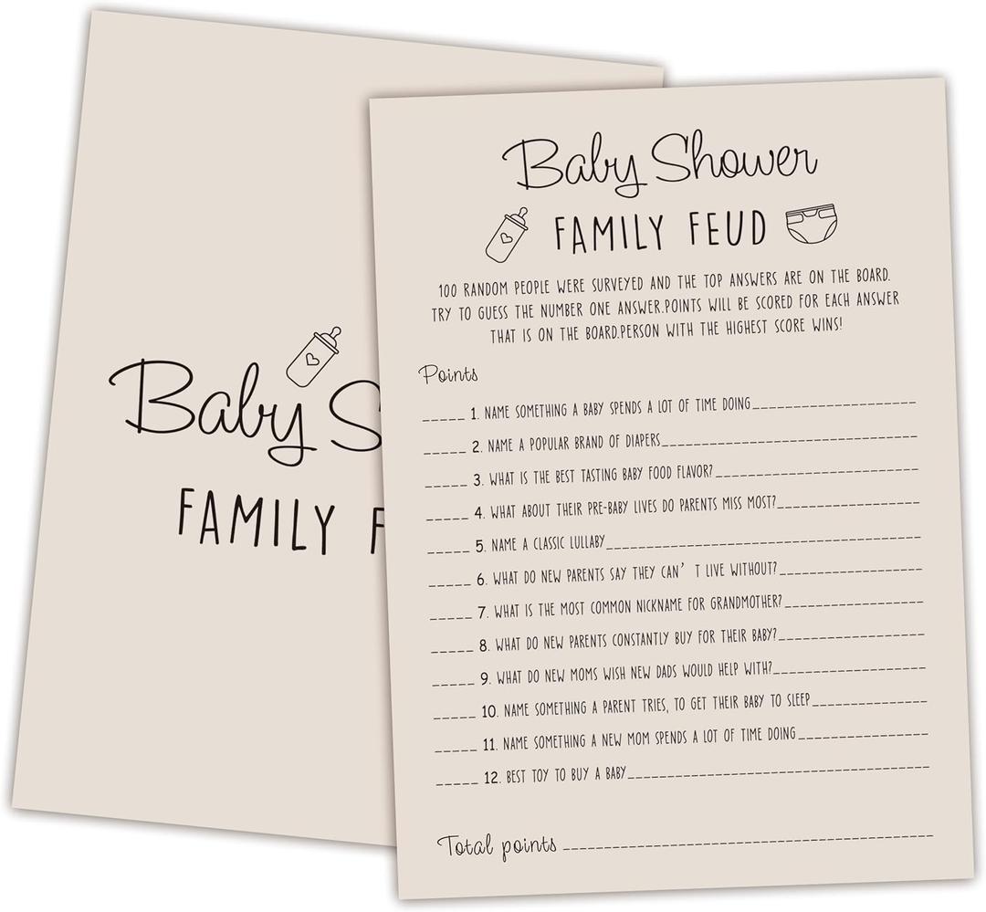 Baby Shower Family Feud Game - 30 Cards, Answer Key, Gender Neutral Decorations for Boy & Girl - Light Brown