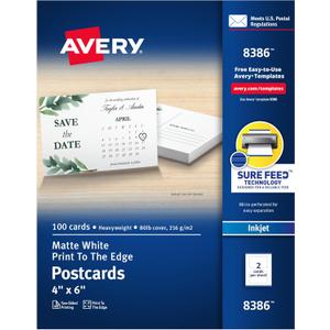Avery Printable Postcards with Sure Feed Technology, 4" x 6", Matte White, 100 Blank Postcards for Inkjet Printers (8386)