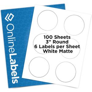 OnlineLabels 3" Round Labels – Removable Adhesive, White Matte – Great for Jar Lids, Product Labels, & More – for Inkjet & Laser Printers –Pack of 600, 100 Sheets OL2279WX
