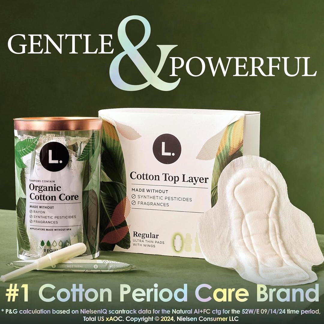 L. Ultra Thin Pads for Women, Regular Absorbency, Organic Cotton Top Layer, Unscented Pads with Wings,  Packs of 28)