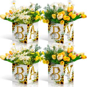 4 Pcs Baby Shower Sunflower Boxes Centerpiece Decoration Baby Flower Elephant Party Boxes Yellow Floral Table Display Gender Reveal Table Display Birthday Party Decors