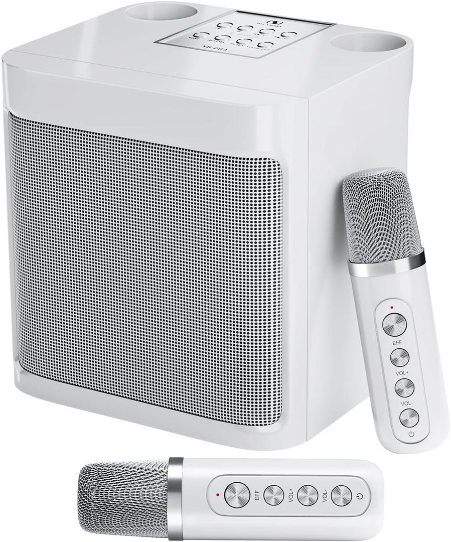Karaoke Machine for Adults and Kids, Portable Bluetooth Karaoke Speaker with 2 Wireless Microphones for TV, Singing Karaoke for Home Party, Great Gifts for Boys and Girls (White)