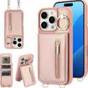 Crossbody Wallet Case for iPhone 16 Pro Max with Lanyard Strap Card Slot Holder RFID Blocking 360°Ring Kickstand,Magnetic Flip Folio Zipper Purse Case, PU Leather Cover Handbag,Rose Gold