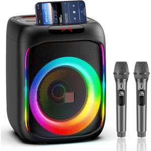 Karaoke Machine with 2 Wireless Microphones, Bluetooth Karaoke Speaker for Party, Wireless Mics, Upgraded DSP Dual HD Stereo Sound, Support TWS/TF/USB (T16-T)