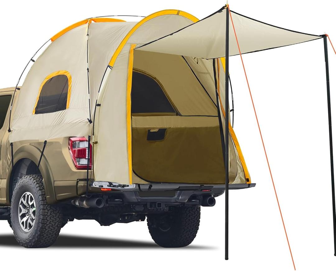 Pickup Truck Tent with Awning Shade,Waterproof PU5000mm Oxford for 5-5.2 FT Truck Bed for Camping Travel Outdoor Activities for Chevy Colorado,Jepp Gladiator,Ford Ranger,GMC Canyon,Frontierm,Tacoma (Khaki)
