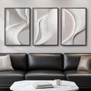 3 x Framed Modern Abstract Wall Art, 3 Piece Minimalist Bright Style Prints Paintings Artwork for Walls, Silver Gray Contemporary Luxury Pictures for Living Room Bedroom Dining Room Wall Decor 16x24 In