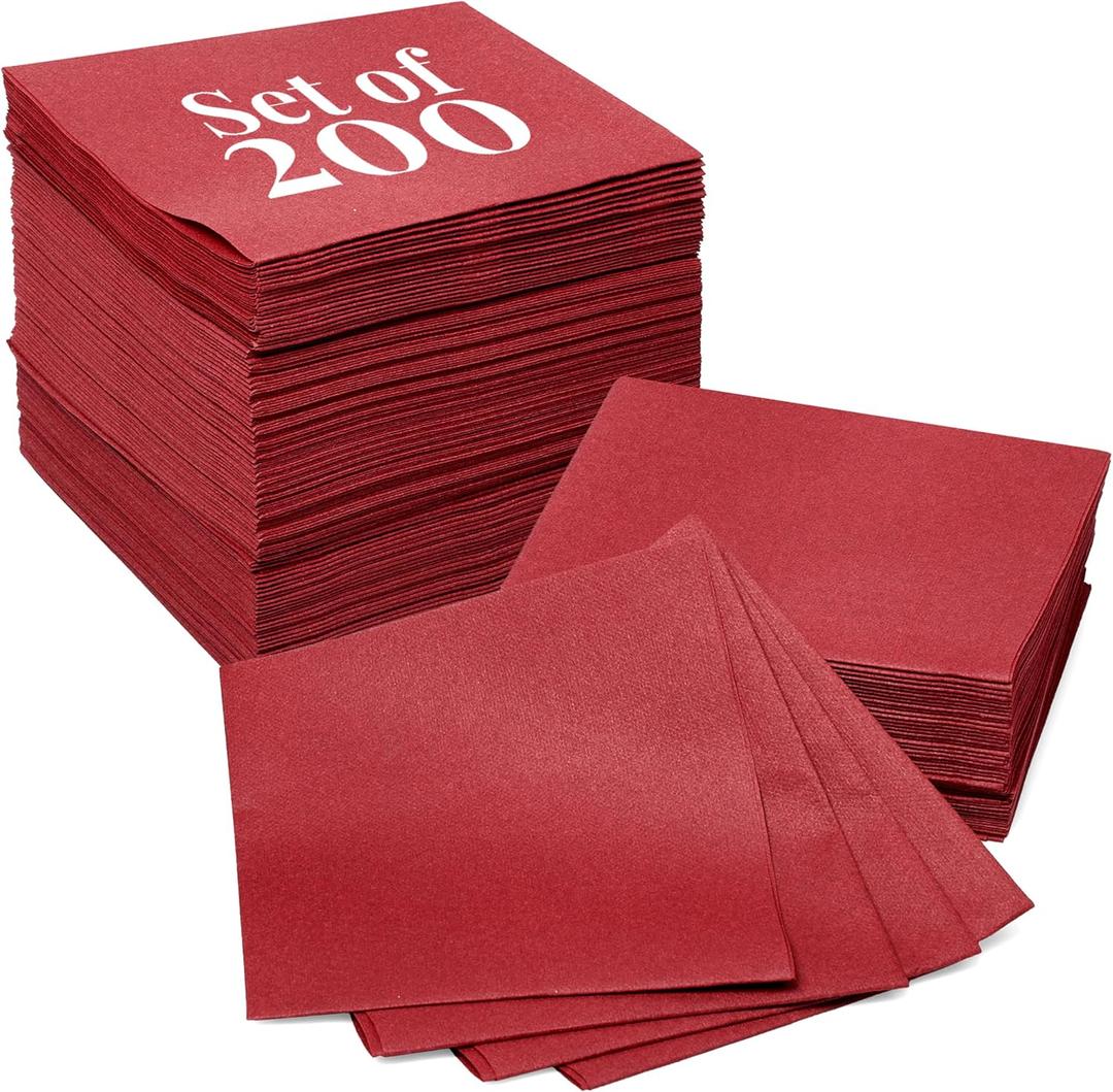 Prestee Linen Feel Guest Towels - Paper Hand Towels - Cocktail Napkins - 5inch Folded / 9.5inch Unfolded - 200 count - Soft and Absorbent Disposable Napkins for Parties and Events - Red