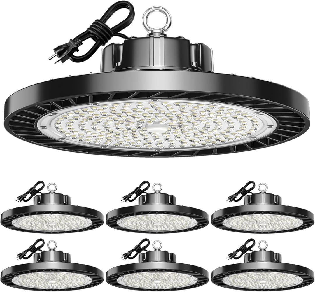 UFO LED High Bay Lights 5000K 200W 30000LM 6 Pack with Plug High Bay Led Shop Lights Suitable for Warehouse Workshop Factory Gym Garage Barn LED Lamp AC100-277V