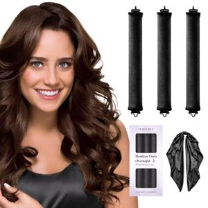 Heatless Hair Curler Overnight Curls-3 Pcs No Heat Curling Blowout Rod to Sleep In,Hair Rollers with Satin Scarf (Black)