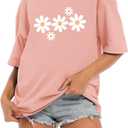 Faktuzi Daisy Shirts for Women Oversized T Shirts Flower Graphic Tees Vintage Floral Print Crewneck Cotton Short Sleeve Tops (Pink, M)