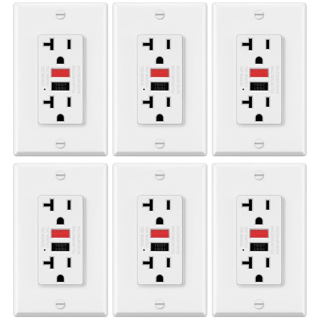 ELECTECK 6 Pack GFCI Outlets 20 Amp, Non-Tamper Resistant, Decor GFI Receptacles with LED Indicator, Ground Fault Circuit Interrupter, Wallplate Included, ETL Listed, Red/Black Button