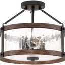 Kira Home Hadley 14" 3-Light Modern Farmhouse Semi-Flush Mount/Hall Light Ceiling Fixture + Crackled Glass Shade, Textured Black + Wood Style Walnut Finish