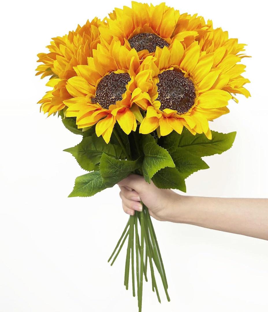 10PCS Sunflowers Artificial Flowers, Fake Silk Sunflower with Long Stem, Artificial Sunflowers for Fall Home Decor, Baby Shower, Wedding Decor and Cemetery Flowers Decor (Yellow)