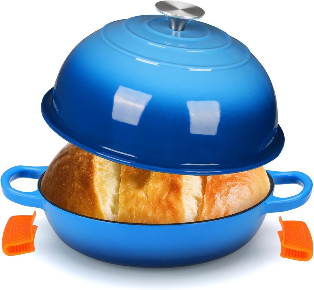 LIFERUN 6qt Enameled Cast Iron Dutch Oven for Sourdough Bread Baking, Non-Stick Dome-Shaped Bread Oven Pot with Lid, Silicone Handles and Scraper, Blue