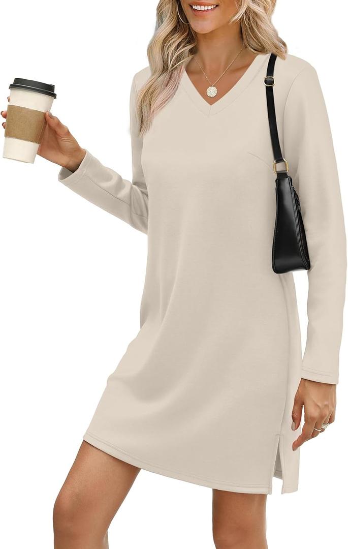 Sampeel Dresses for Women 2025 Casual Long Sleeve V Neck Tshirt Dress Side Split Fashion Fall Outfits M