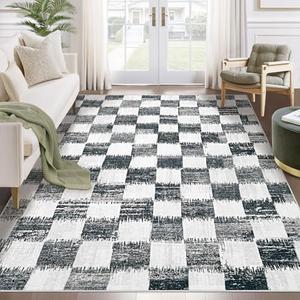 Checkered 5x7 Area Rugs, Black and White Washable Large Area Rug Soft Non Slip Kids Rug Neutral Modern Geometric Carpet for Living Room Bedroom Nursery Dining Room Dorm Home Office(Black, 5'x7')
