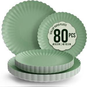 Trendables Scalloped Paper Plates 8.5 Inch & 10.5 Inch 80 Pcs Dinner Plate Set Fancy Disposable Plates for Party for 40 Guests 40 X 8 & 40 X 10 Large & Small Paper Plate Set for Parties Matcha