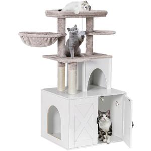Snughome Cat Litter Box Enclosure with Cat Tree Tower and Condo, Hidden Washroom Furniture with Sisal Scratching Post and Soft Plush Perch, Wooden Cat Furniture with Multiple Platforms, White