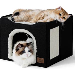 Bedsure Cat Beds for Indoor Cats - Large Cat Cave for Pet Cat House with Fluffy Ball Hanging and Scratch Pad, Foldable Cat Hideaway, 16.5x16.5x13 inches, Black