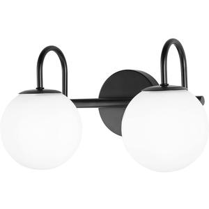 Mid Century Modern Vanity Lights for Bathroom, Black Metal Frame and Milk White Frosted Glass Globe, 2 Lights, Wall Sconce, 7.09"L x 7.09"W x 14.17"H