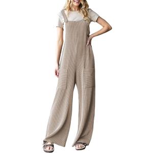 Dokotoo Women's Casual Jumpsuits Ribbed Front Pocket Loose Overalls One Piece Sleeveless Wide Leg Long Pant Rompers (XXL)