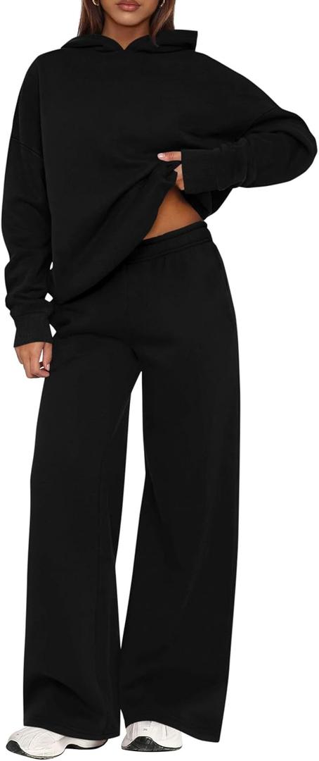 PRETTYGARDEN Womens Sweatsuits 2 Piece Set 2026 Casual Winter Long Sleeve Hoodie Loose Wide Leg Sweatpants Fall Tracksuit (Black, XX-Large)