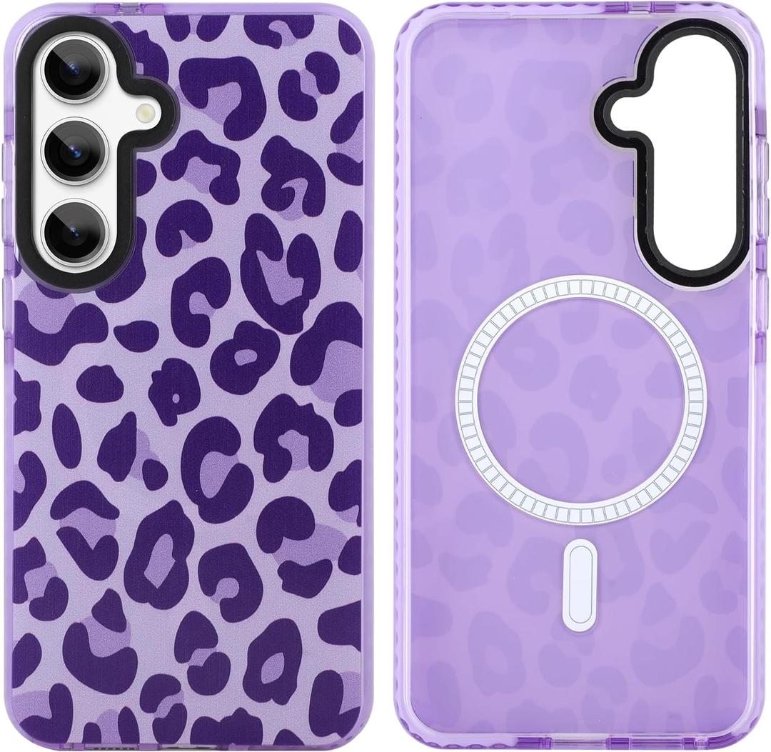 SAKUULO Magnetic for Samsung Galaxy S25 Plus Case Dark Purple Leopard Print Pattern [Compatible with MagSafe] [with Screen Protector] Wireless Charge Strengthen Protection Cover (6.7")