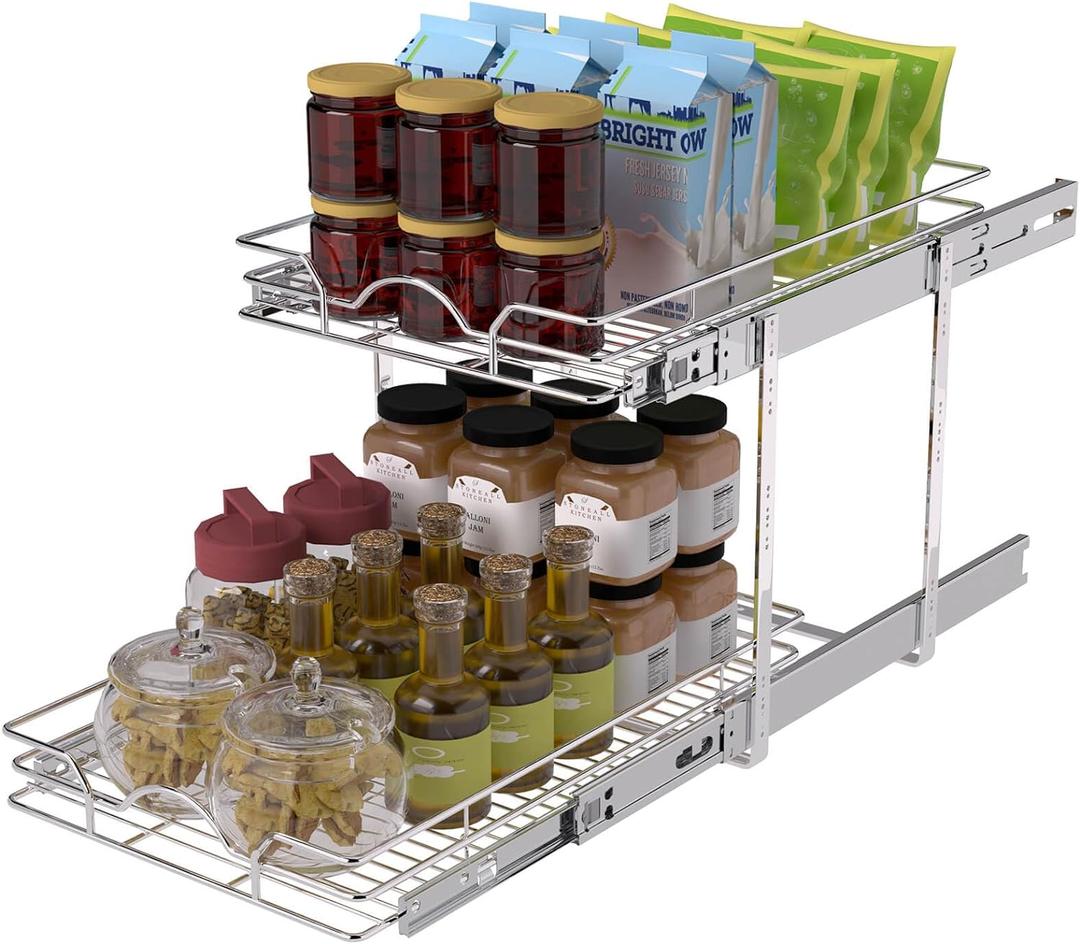 OCG 2 Tier Pull Out Cabinet Organizer (12.5" W x 21" D), Pull Out Drawers for Kitchen Cabinets, Pull Out Shelves for Base Cabinet Organization in Kitchen Bathroom Pantry, Chrome Finish