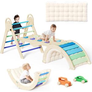 ElegantCrafts Pikler Triangle Set with Cushion, Montessori Climbing Set, Indoor Climb Toys, Indoor Playground Jungle Gyms, 9 Combinations Climbing Toy Set for Toddler, Baby, Kids 1-4, 82.7x24.4x31.5 inches
