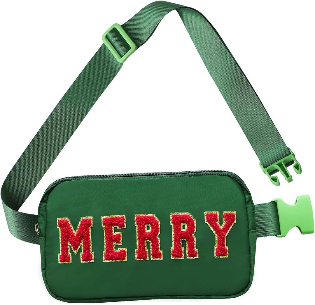 Christmas Fanny Pack, Merry Letter Belt Bag, Green Christmas Purse Crossbody Bag Nylon Adjustable Strap, Christmas Gifts For Girls Boys Women Men