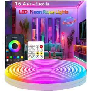 16.4FT Neon Rope Lights,Flexible Led Rope Light Control with App/Remote,Multiple Modes,Music Sync,IP65 Outdoor RGB Led Strip Lights Waterproof