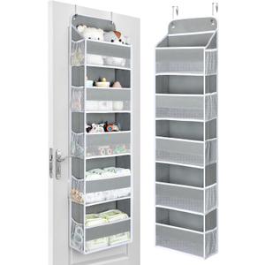 Yecaye 1 Pc Over the Door Organizer with 5 Bins 10 Side Pockets, 44lbs Load Hanging Bathroom and Bedroom Organizer, behind the Door Hanging Organizers for Nursery Newborn Baby Essential Stuff Grey