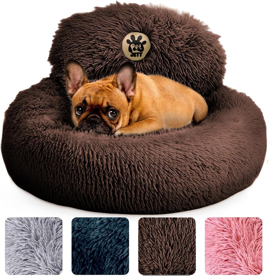 PetJett Calming Dog Bed for Small Dogs 23" Donut Dog Beds, Anti-Slip & Washable Fluffy Plush Faux Fur Pet Bed, Anti-Anxiety Premium Comfort Round Puppy Bed, Fits Dogs up to 25 lbs, Brown, Small