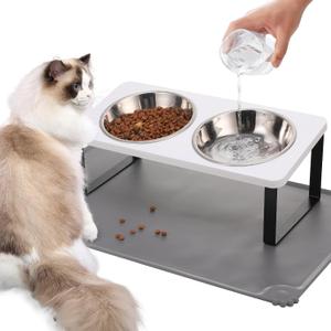Upgraded Elevated Cat Bowls with Food Mat,15Tilted Stand Anti Vomiting Raised Cat Dishes for Food and Water,2 Stainless Steel Bowls for Cats and PuppyWhite