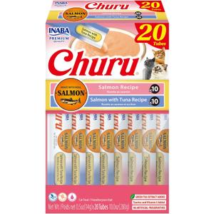 INABA Salmon Churu Cat Treats, Lickable, Squeezable Creamy Pure Cat Treat with Green Tea Extract & Taurine, 0.5 Ounces Each Tube, 20 Tubes, Salmon & Tuna Variety Box (1 Count (Pack of 20))