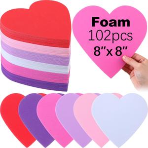 Tatuo 102 Pcs 8 Inch Valentines Foam Hearts for Crafts Large EVA Foam Heart Cutouts for Valentines Day Crafts Party Favors Decorations Activity Kit(Red, White, Pink, Dark Pink, Purple, Light Purple)