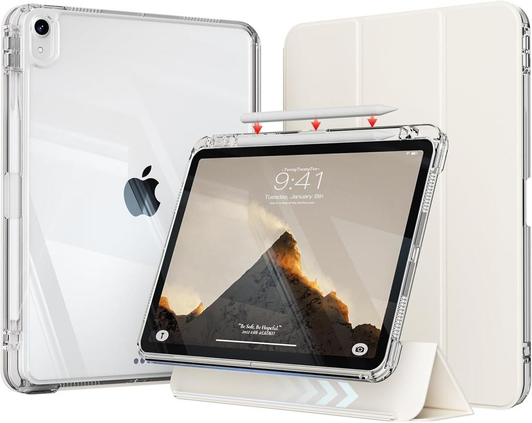 Case for iPad Air 11 Inch M4 /M3/M2 (2026/2025/2024), Air 5th/4th Gen 10.9 Inch (2022/2020) with Pencil Holder, Detachable Sliding Cover with Clear Hard Back Shell, Cream White
