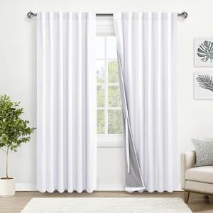 XWZO 100% Blackout Curtains 2 Panels with Tiebacks- Heat and Full Light Blocking Window Treatment with Black Liner for Bedroom/Nursery, Rod Pocket & Back Tab, White, W52 x L84 Inches Long