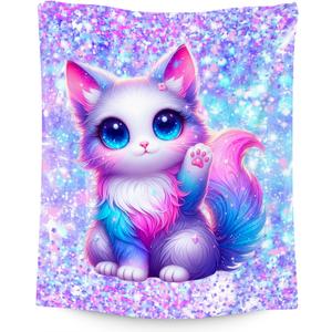 Blanket for Kids - Cat Blankets for Girls Daughter - Gifts for Cat Lovers - 50x60 Inches Soft Warm Throws Decor for Bedroom (Blue)