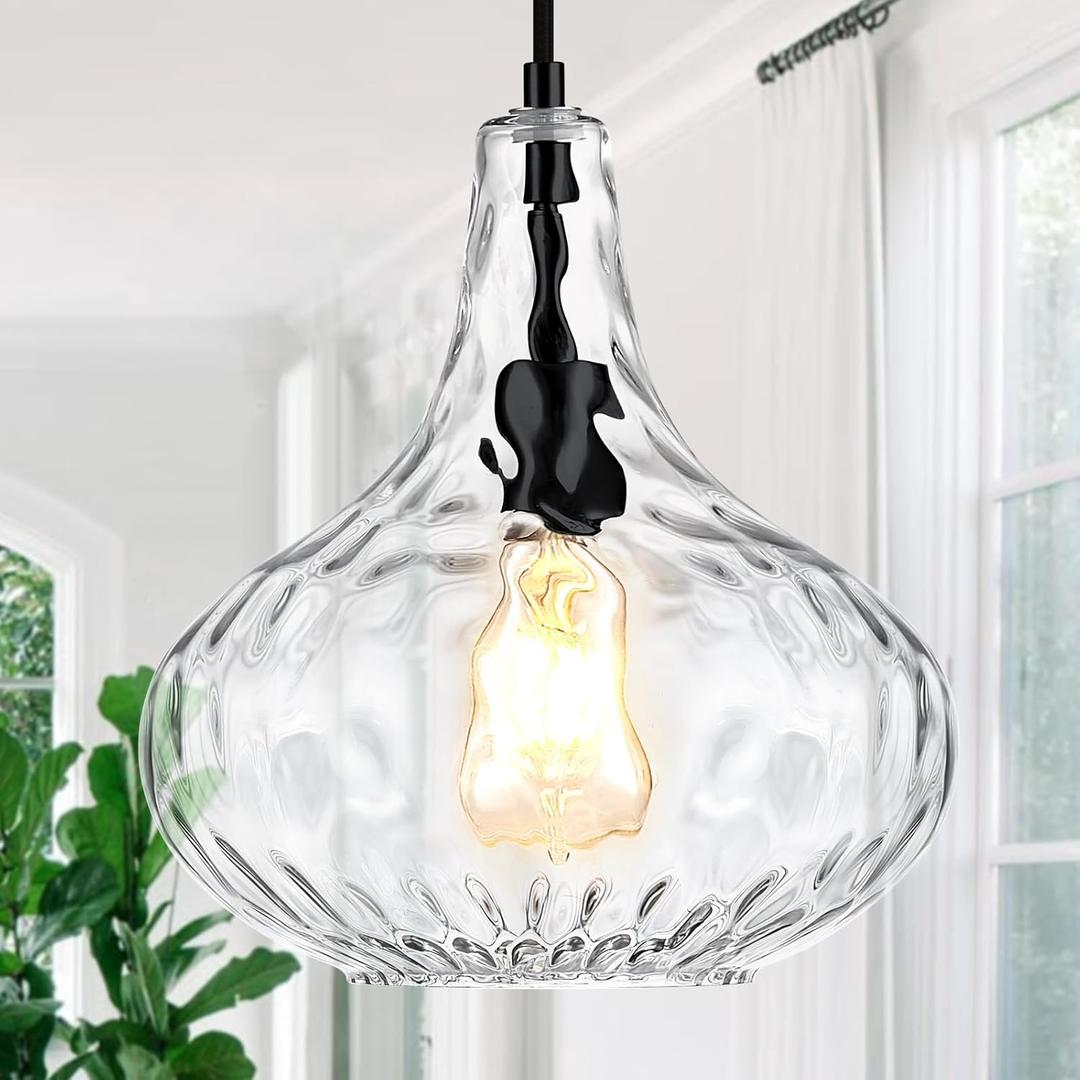 Glass Large Pendant Lights for Kitchen Island Blown Glass Pendant Light Clear Hammered Shade Hanging Ceiling Lights with Black Finish for for Kitchen Island, Sink, Hallway, Living Room 11 inch