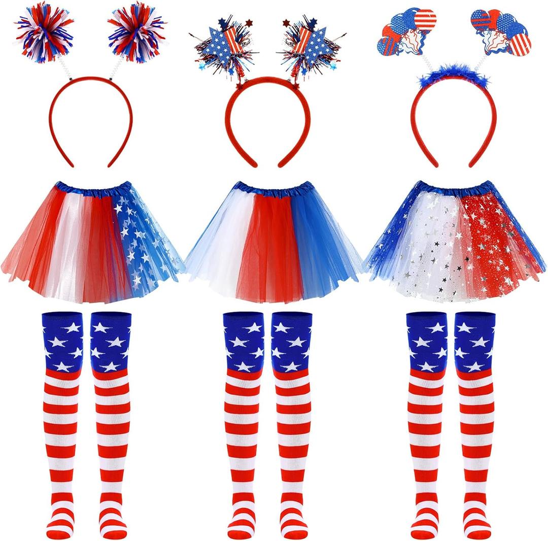 Shyyween 9pcs 4th of July Tutu Set for Women Red White and Blue Tutu Stars Skirts 4th of July and Headband Striped Socks Patriotic Costume Outfits Accessories for Independence Day Cosplay Party (XS)