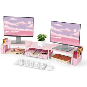 OPNICE Wood Desk Organizers and Accessories, Dual Monitor Stand Riser with Drawer and 2 Pen Holders, Desk Shelf Computer Racks for Office Workspace Organizers, Desktop Organization (Pink)