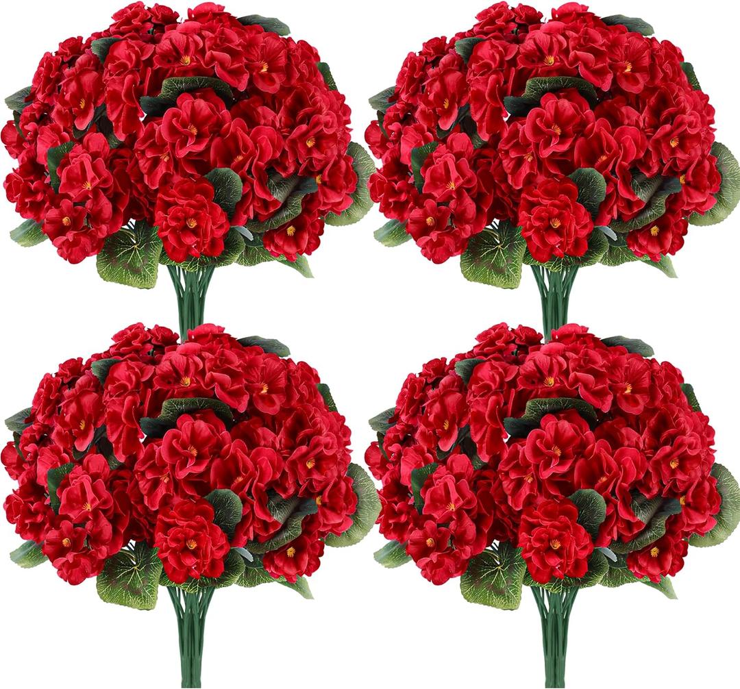 Der Rose 6 Pack Red Artificial Geraniums Flowers for Outdoors UV Resistant Faux Flowers for Outdoor Planters Window Boxes Patio Cemetery Porch Decor