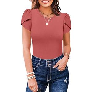 MISSJOY Womens Summer Short Sleeve Bodysuits Crew Neck Ribbed Petal Sleeve Stretchy Slim Fit Leotards Tops, S
