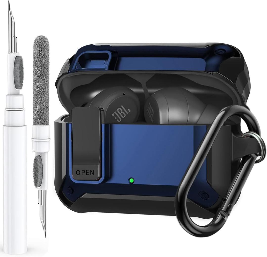 Compatible with JBL Vibe 200TWS/JBL Vibe Beam Case Cover Lock Clip with Cleaner Kit, Cool Protective Cover Men Women with Carabiner for JBL Vibe Beam 2 Charging Case - Blue