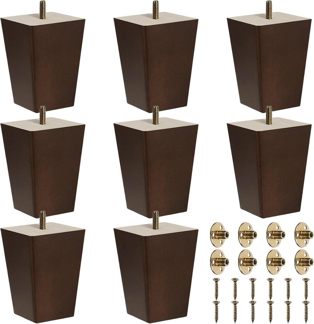 Hoteam Set of 8 Wood Furniture Legs 4 Inch Square Furniture Couch Sofa Dresser Legs Mid-Century Chair Feet Sofa Replacement Parts for Sideboard Recliner Coffee Table DIY Projects Living Room (Brown)