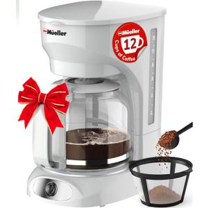 MUELLER HOME 12-Cup White Coffee Maker - Borosilicate Carafe, Auto-Off, Reusable Filter, Anti-Drip, Keep-Warm Function, Clear Water Level Window, White Kitchen Accessories